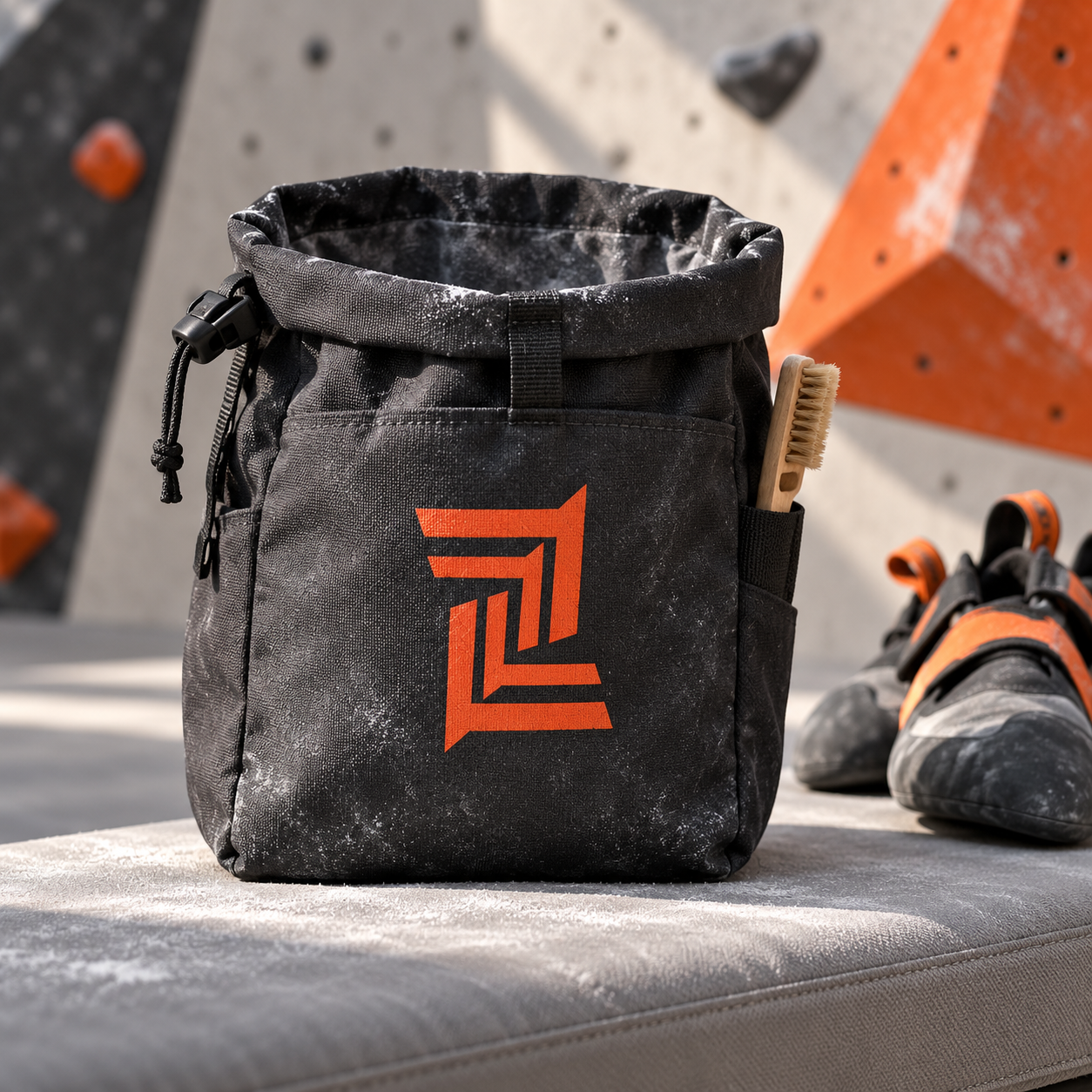 Grip Hub branded climbing chalk bag with orange logo