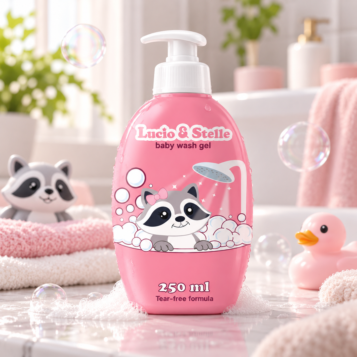 Lucio & Stelle pink baby wash gel bottle