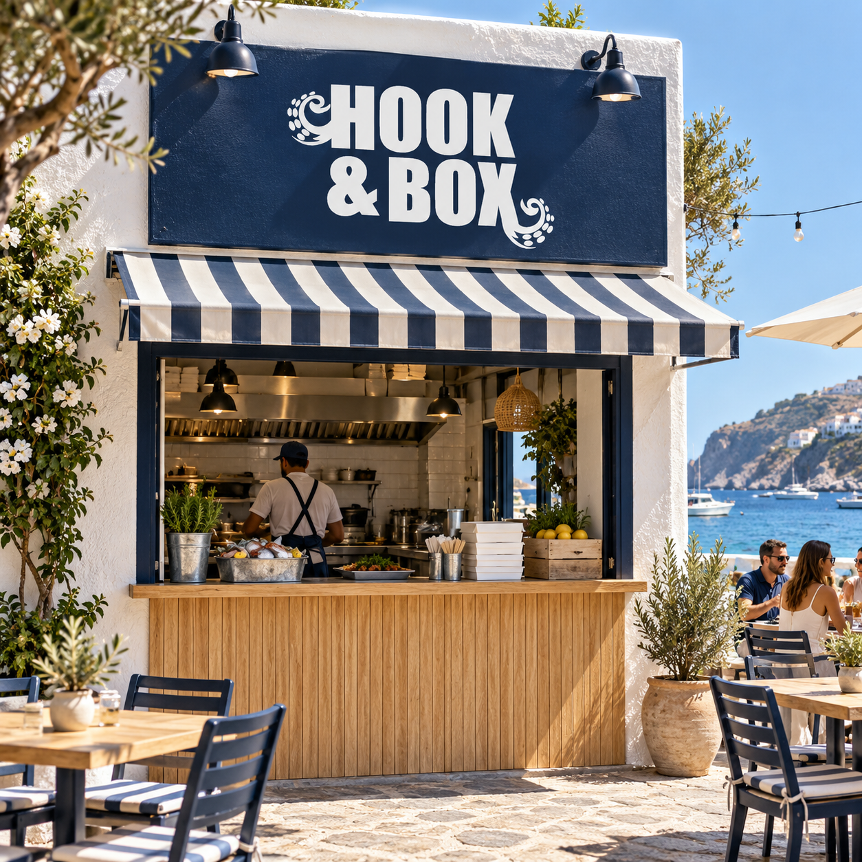 Hook & Box seaside restaurant signage and branding