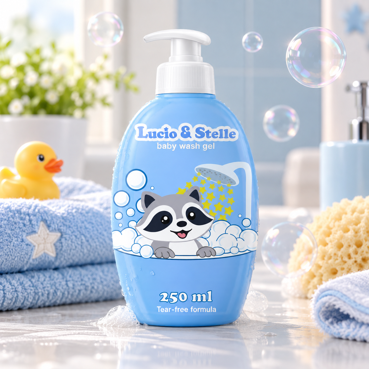 Lucio & Stelle blue baby wash gel bottle