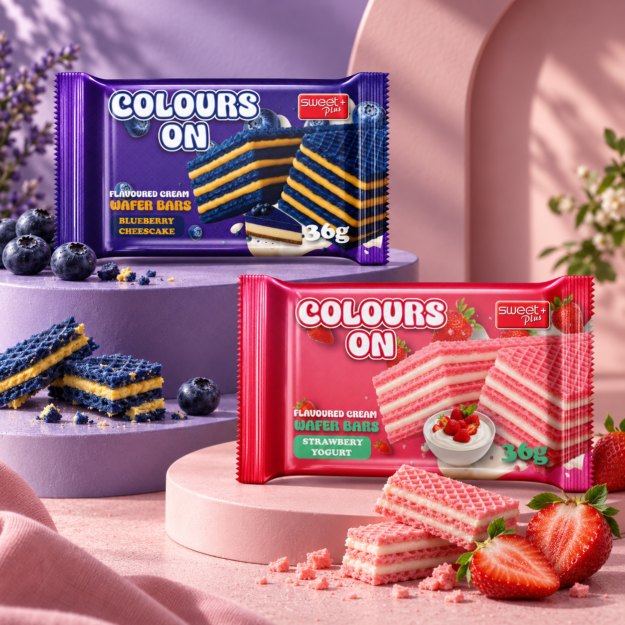 Colors On wafer packaging - blueberry and strawberry flavors